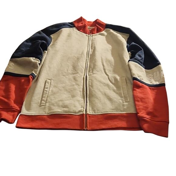 Guess Sweat Jacket Men's Medium NWOT Grey, Blue and Red Zip up Hoodie Warm Cozy - Picture 1 of 4